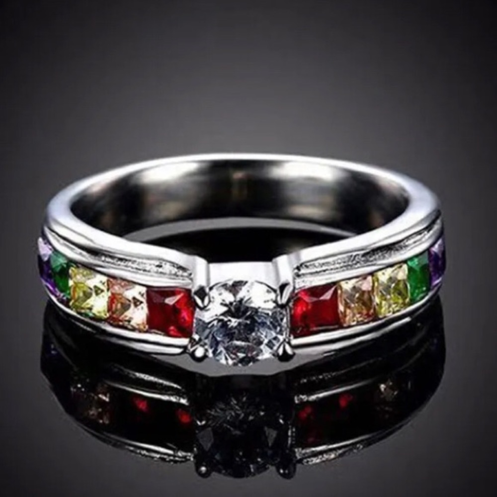 Clearance! NEW 925 COLORFUL RAINBOW SQUARE GEM BAGUETTE STONE RING - Picture 3 of 5